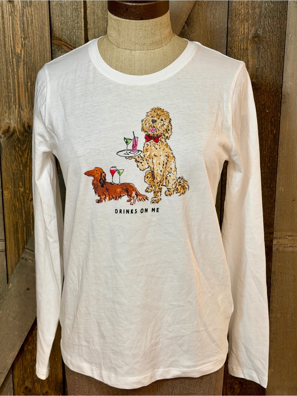 NWT J.Crew Collector Tee XS Drinks On Me Dog Cocktail Graphic Long Sleeve Shirt